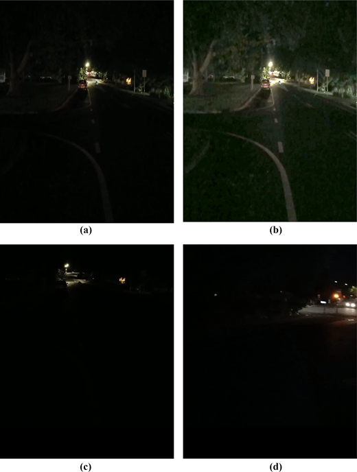 Four night-time road views compare visibility under different lighting, with lane markings, trees, roadside signs, distant vehicles and illuminated junctions.