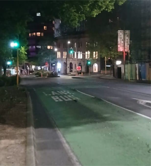 A night-time bus lane runs beside a pavement towards an intersection with traffic lights, buildings, trees, road markings and illuminated windows.