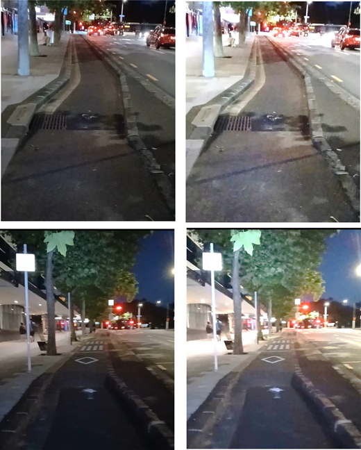 Four night-time views depict separated cycle lanes beside pavements, drains, trees, road markings, vehicles and traffic lights at nearby junctions.