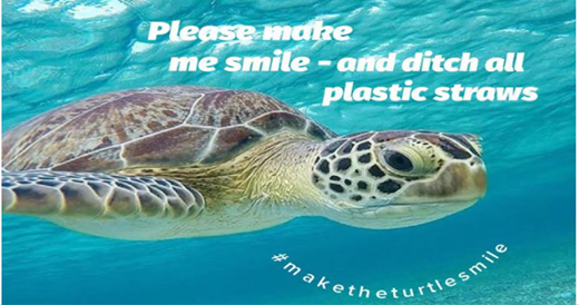 A sea turtle swims underwater, accompanied by a message urging viewers to stop using plastic straws and the hashtag make the turtle smile.