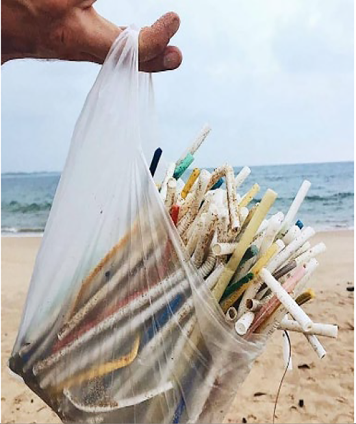 A hand holds a plastic bag filled with various discarded straws at a beach.