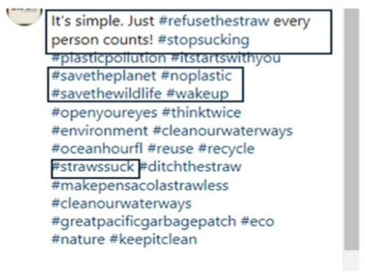 Text promoting environmental awareness with hashtags about plastic pollution and encouraging action against plastic straws.