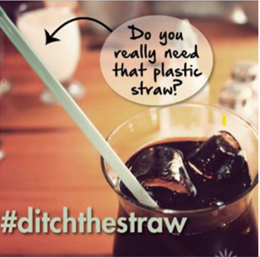 A close-up of a glass of dark beverage with ice and a straw; an overlay text asks if a plastic straw is necessary, along with a hashtag.