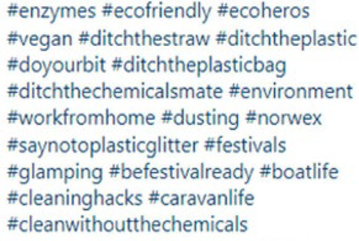 A collection of hashtags related to eco-friendliness, veganism, and cleaning.