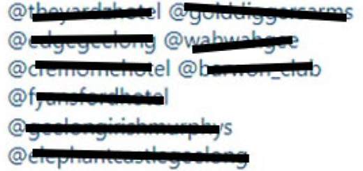 A cropped text list contains several social media usernames beginning with at signs. Most account names are obscured by bars. A few visible fragments include city cycling, wahoosb, and flower club.