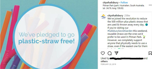 A circular announcement emphasizes a commitment to be plastic-straw free, surrounded by colourful plastic straws.