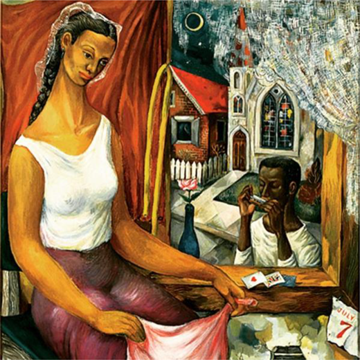 A painting shows a seated woman beside a window while a man plays a harmonica outside near a church and scattered playing cards.