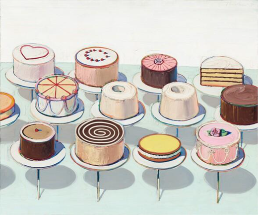 A painting shows assorted decorated cakes displayed on raised stands arranged in three rows against a plain background.