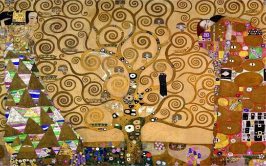 A decorative painting shows a central tree with spiral branches between two patterned human figures facing each other.