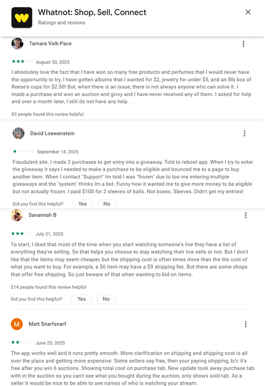 A ratings and reviews page for Whatnot: Shop, Sell, Connect, with 4 visible user reviews, star ratings, dates, and helpful prompts.