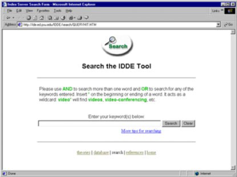 IDDE search page showing a search bar with instructions to use AND or OR for keyword searches and a button to submit or clear the query.