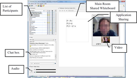 Elluminate Live interface showing labels for List of Participants, Chat box, Audio, Main Room Shared Whiteboard, Application Sharing, and Video with face blurred.