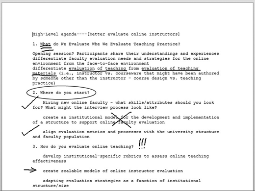 Document of an agenda outlining topics for evaluating online instructors, marked with handwritten notes such as an oval encompassing Where do you start, a pair of checkmarks next to individual sub-points, an X drawn over some text, and three exclamation marks next to a main item.