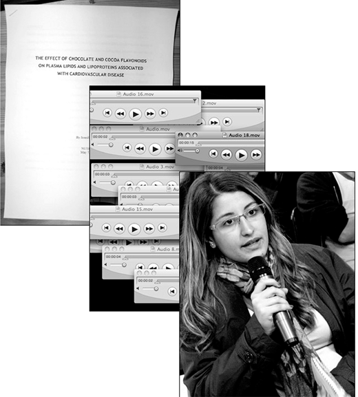 Three Panels with a document about effect of chocolate and cocoa flavonoids on cardiovascular disease, positioned near several stacked media player windows containing audio files, next to a woman wearing glasses holding a microphone and speaking.
