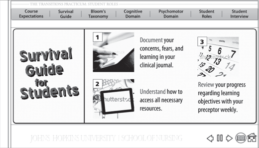 Three-step instructional layout for nursing students with labeled actions: journaling concerns, accessing resources, and weekly progress review. Includes navigation bar and Johns Hopkins University School of Nursing footer.