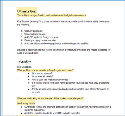 Document section outlines five student learning outcomes in web usability, a website development task, and key usability questions under labeled headings.
