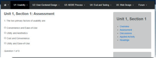 Course interface shows Unit 1, Section 1 assessment with a multiple-choice question about usability. Navigation tabs and sidebar links are visible.