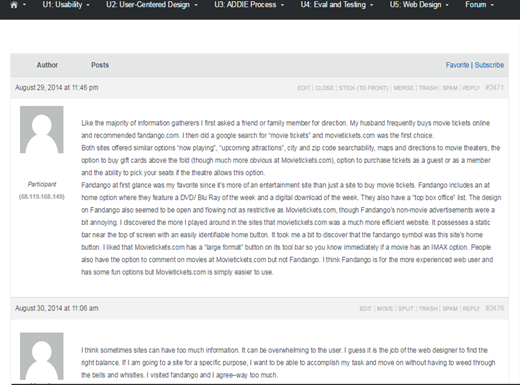 Forum screenshot showing two participant comments dated August 29, 2014, discussing usability of movie ticket websites and web design goals. Top menu lists five course units related to usability and design.