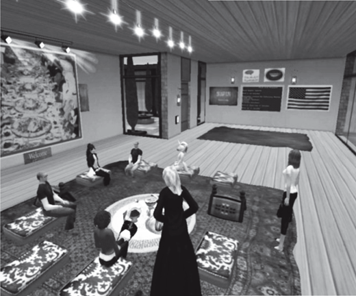 Nine avatars gather in a virtual room with wooden floor and ceiling, seated or standing around circular rugs and cushions. Background includes a chalkboard, map or artwork, and an American flag.