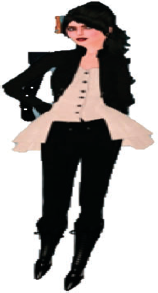 Stylized illustration of a person standing confidently, wearing a black jacket, black pants, black shoes, and a light blouse with ruffles; hair is dark and wavy.