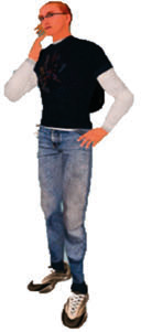 Person stands relaxed with one hand near mouth and other on hip, wearing layered shirts, jeans, and sneakers against plain white background.
