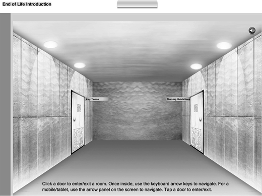 Screenshot of End of Life Introduction page showing a virtual hallway with two labeled doors: Key Terms on the left and Nursing Standards on the right, with navigation instructions below.