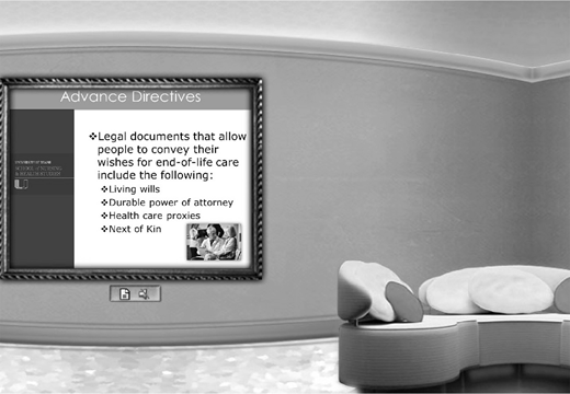 Screenshot of a presentation slide titled Advance Directives, listing living wills, durable power of attorney, health care proxies, and next of kin as legal documents for end-of-life care.