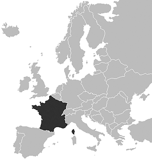 Map of Europe highlighting France in dark shade, with surrounding countries like Spain, Germany, Italy, and Belgium shown in lighter shade.