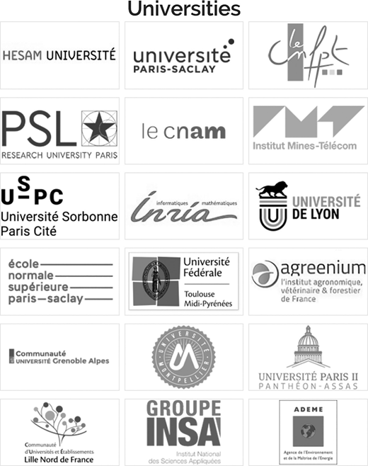 Image titled Universities showing logos of 18 French institutions, including Paris-Saclay, Sorbonne, Université de Lyon, Grenoble Alpes, Toulouse, INSA, and Université Paris II Panthéon-Assas.