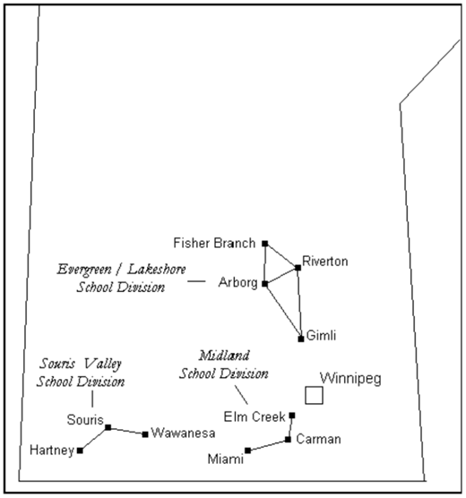 A diagrammatic map showing towns and school divisions, including Fisher Branch, Arborg, Gimli, Riverton, Winnipeg, Souris, Carman, Miami, and others, located within a regional boundary, likely Manitoba, Canada.