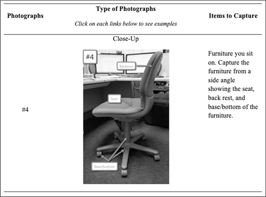 A guide for close-up photos shows a labeled office chair with seat, backrest, and base, advising to capture furniture from a side angle to document seating details.