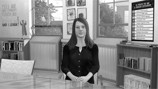 A woman sits at a desk in a classroom with bookshelves, posters, and a screen displaying “10 Ways to Be a Great Student.”