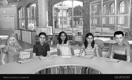 Five middle school students sit at a round table with notebooks in front of them in a classroom with large windows and shelves.
