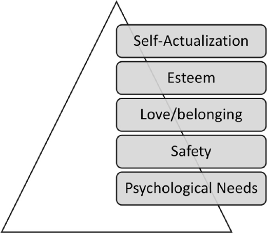 A pyramid diagram of Maslow’s hierarchy of needs shows five levels: Psychological Needs, Safety, Love/Belonging, Esteem, and Self-Actualization.