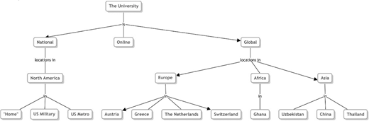 Organizational chart showing a university with branches: National, Online, and Global. National includes North America; Global includes Europe, Africa, and Asia with locations in multiple countries.