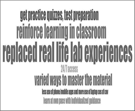 Word cloud featuring replaced real life lab experiences, varied ways to master the material, reinforce learning in classroom, practice quizzes, test preparation, 24/7 access, and learning at own pace.