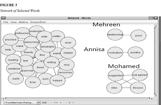 A network graph shows three labeled clusters named Mehreen, Annisa, and Mohamed with interconnected words. A central unlabeled cluster contains dense word links. Dropdown menus and interface options are arranged along the top and bottom edges.