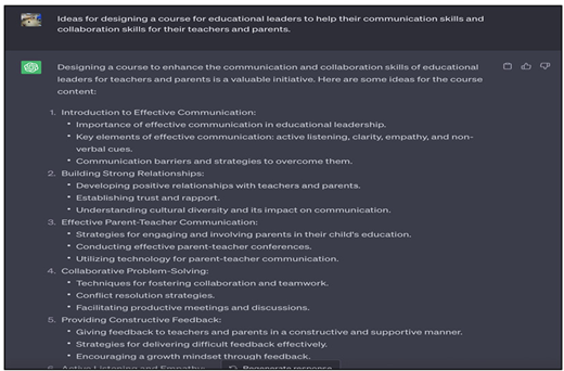 Screenshot of a course outline for educational leaders, focusing on communication skills for teachers and parents. Topics include effective communication, building relationships, parent-teacher communication, problem-solving, and feedback.