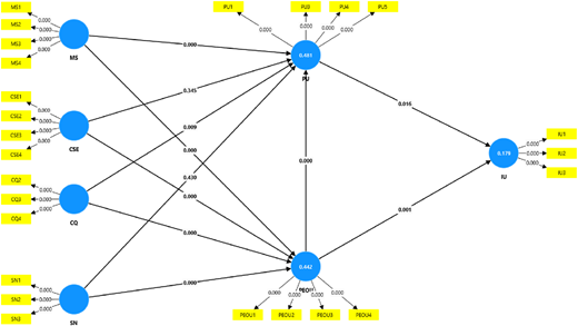 A diagram shows a structural model with path coefficients.