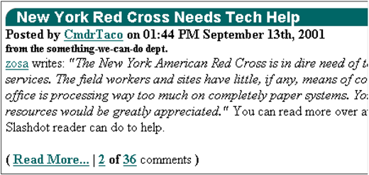 A news snippet from the Slashdot website titled New York Red Cross Needs Tech Help posted on September 13th, 2001.