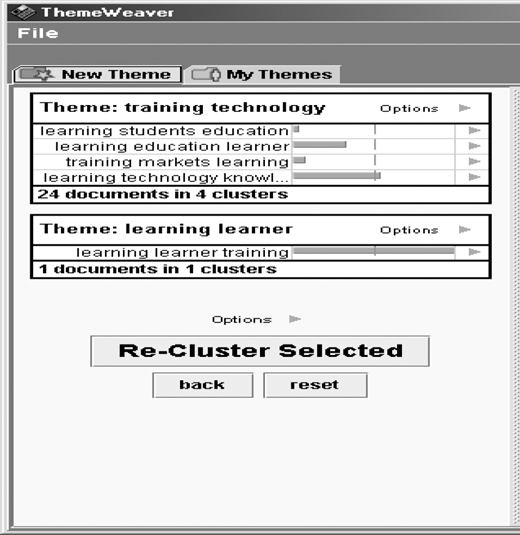 A screenshot of the ThemeWeaver software interface displaying theme options like training technology and learning learner.