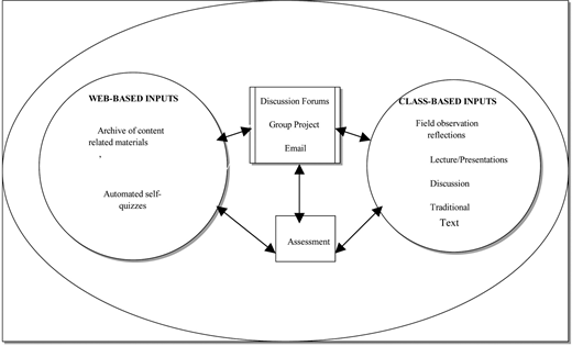 Diagram of educational inputs: web-based (archives, quizzes) and class-based (lectures, text) feed into forums, projects, email, and assessment.