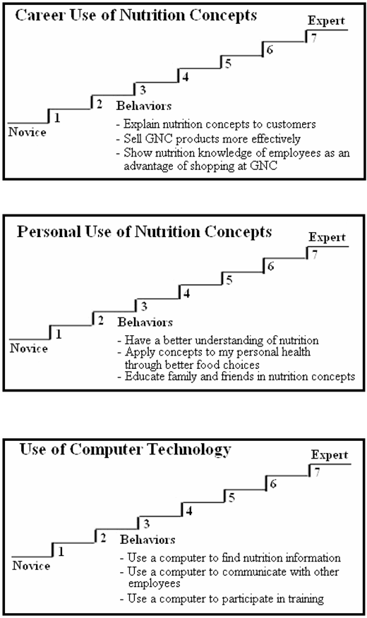 Three diagrams illustrating a seven level scale from Novice to Expert for behaviors in Career Use of Nutrition Concepts, Personal Use of Nutrition Concepts, and Use of Computer Technology.