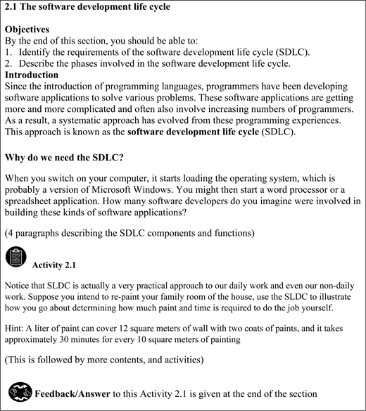 A page of educational text discussing the Software Development Life Cycle SDLC, its phases, objectives, and an activity applying SDLC principles to repainting a family room.