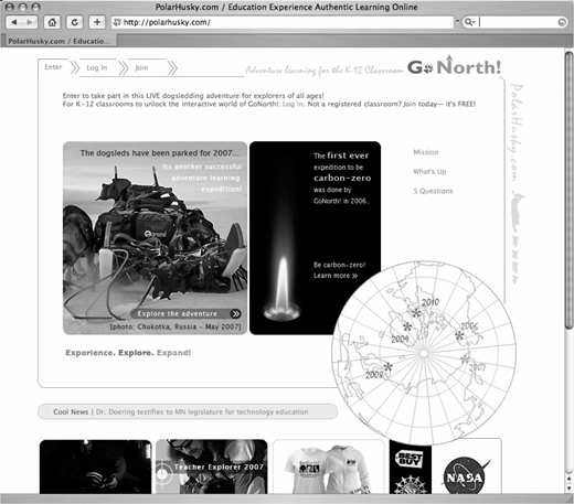 Website screenshot titled Adventure Learning Web Site showing PolarHusky.com page with Go North logo, dog sled image, carbon zero expedition graphic, mission links, and world map chart.