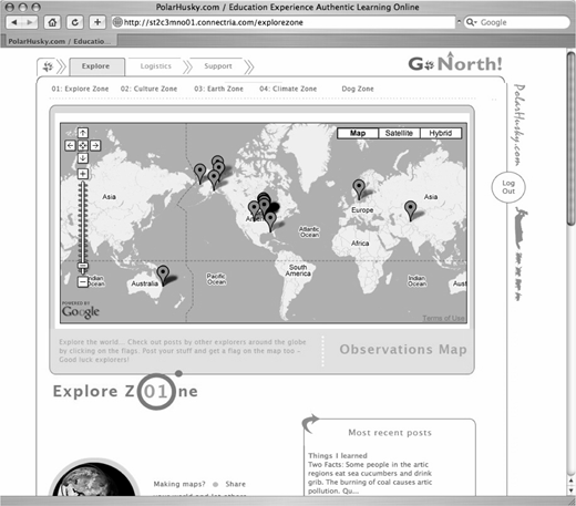 Website screenshot showing world map with location pins in Asia, Europe, North America, Australia, labeled Explore Zone, Observations Map, tabs Explore, Logistics, Culture Zone, Earth Zone, Climate Zone.