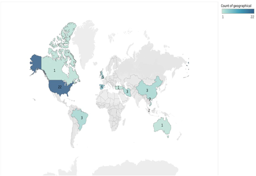 A map showing the locations of authors' institutions across various countries.