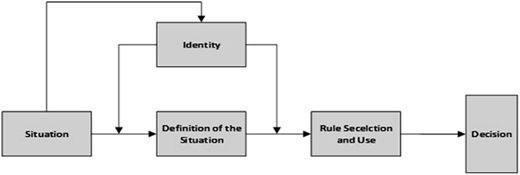 A figure shows a process model linking Situation to Definition, Rules, Identity, and Decision.