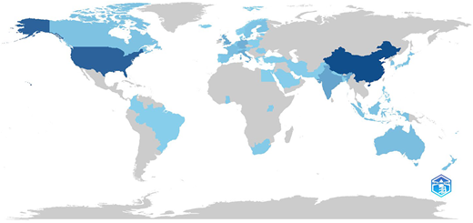 A world map showing selected countries shaded in blue to represent article publication levels by country.
