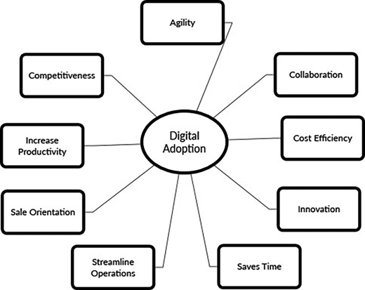 A mind map illustrating components of digital adoption, including agility, competitiveness, collaboration, cost efficiency, innovation, productivity, sales orientation, streamlined operations, and time-saving.